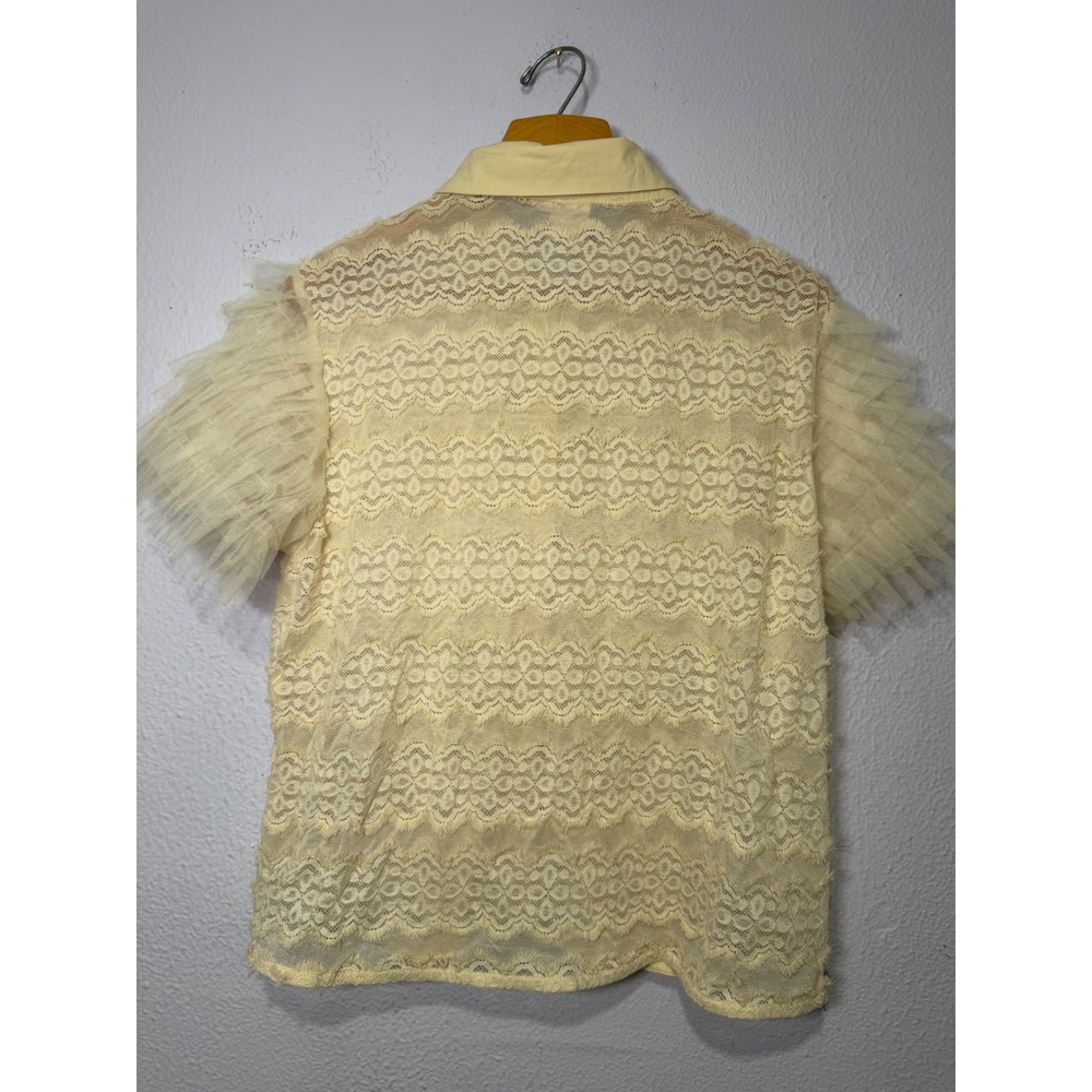 Grace & Emma Lace Top Women Medium Cream Yellow Tulle Ruffle Sleeve Coquette - Picture 5 of 8